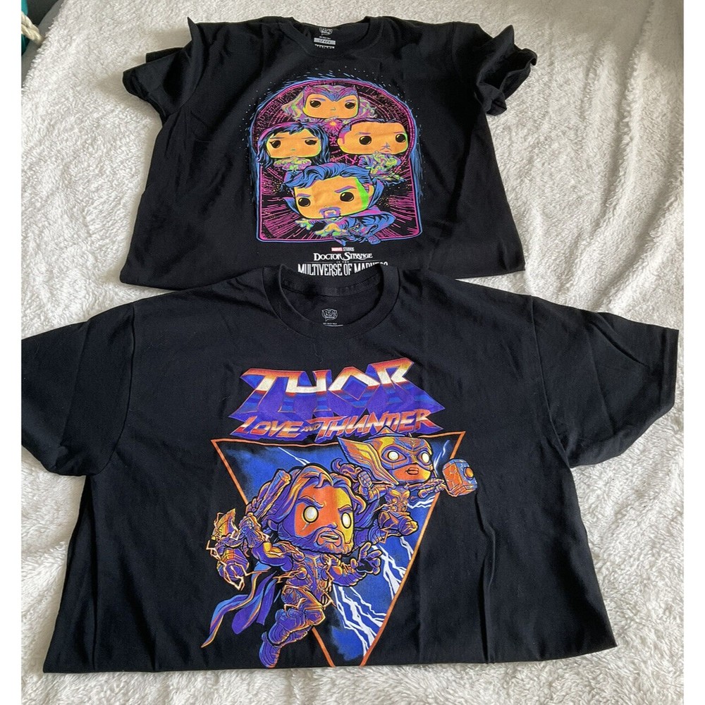 Funko Pop Marvel Dr. Strange Multiverse of Madness & Thor Black T-shirt Lg Set 2